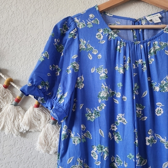 J. Crew Blue Floral Puff Sleeve Tiered Midi Dress Boho Peasant Flowy Beachy L - Picture 4 of 13
